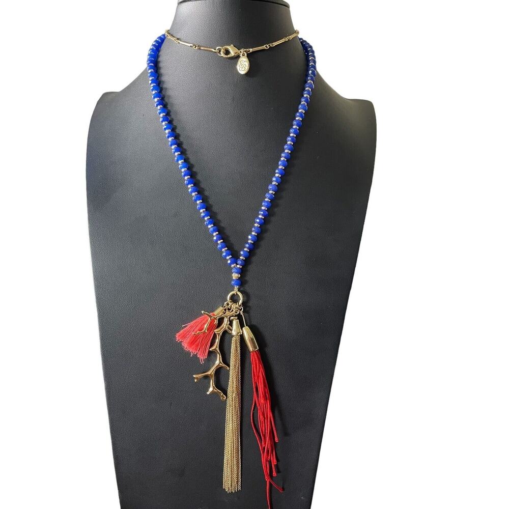 Tommy Bahama Ocean Coral Charms Tassel Blue Beaded Gold Tone Necklace Signed